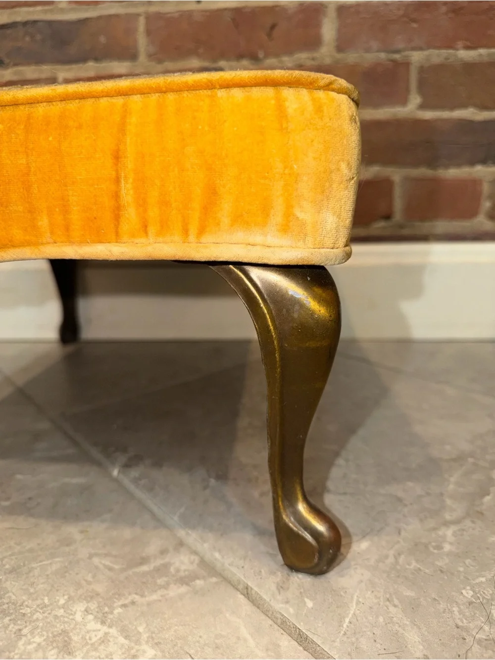 MCM‎ Small Gold Cut Velvet Brass Leg Footstool Ottoman